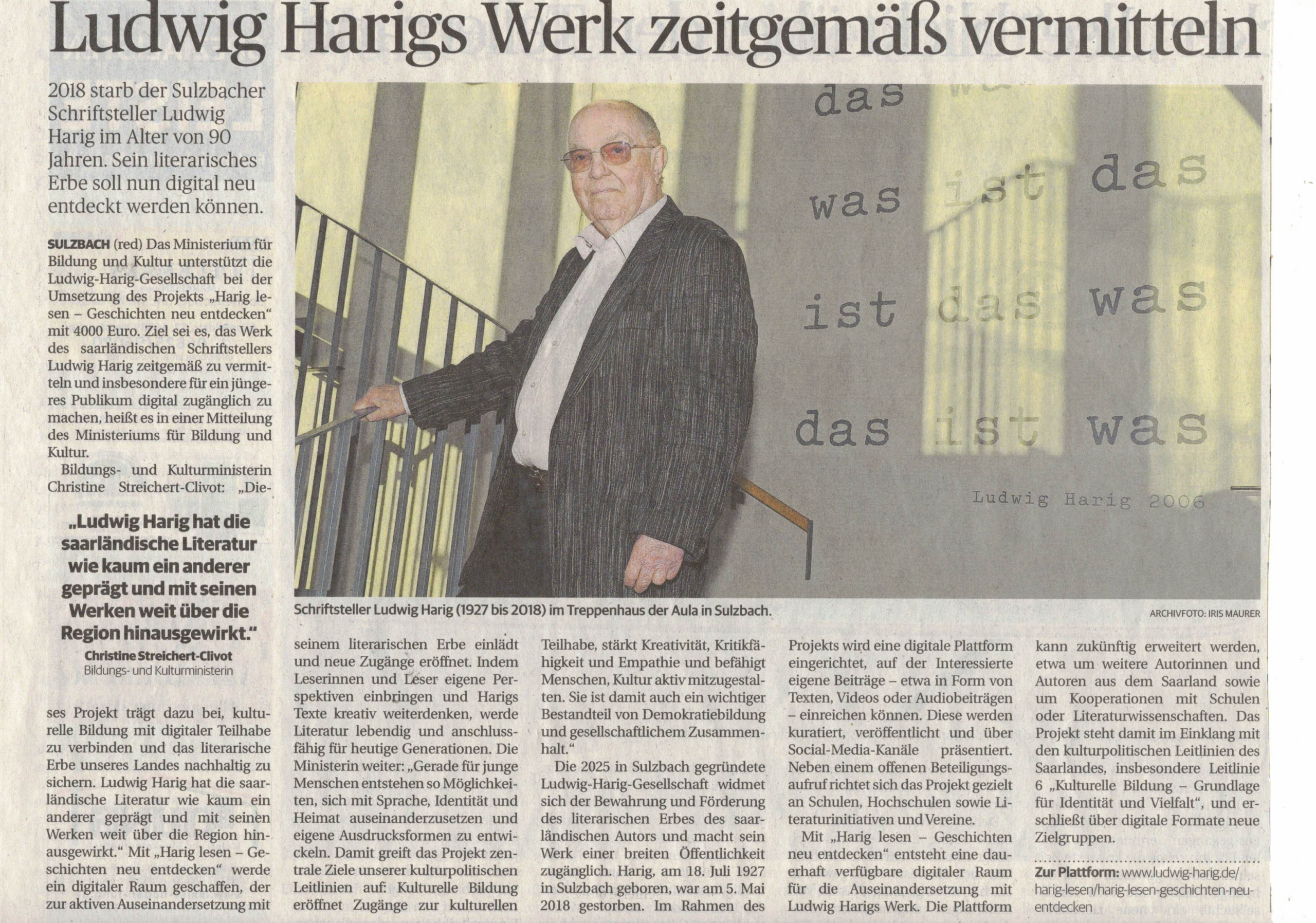 Saarbrücker Zeitung 16.04.26 Ludwig Harigs Werk zeitgemäß vermitteln